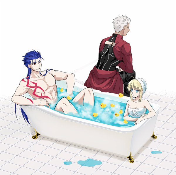 Anime picture 800x796 with fate (series) fate/stay night artoria pendragon (all) saber archer (fate) cu chulainn (fate) cu chulainn (fate/stay night) ooga long hair short hair blue eyes light erotic blonde hair red eyes white background payot blue hair looking away ahoge white hair