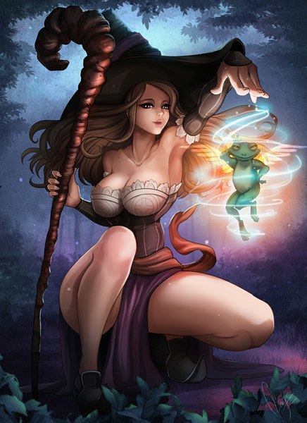 Anime picture 800x1100 with dragon's crown vanillaware sorceress (dragon's crown) magion02 long hair tall image open mouth light erotic smile brown hair bare shoulders pink eyes lips realistic night night sky lipstick magic girl dress