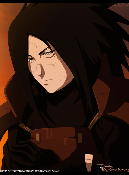 Anime picture 1600x2168 with naruto studio pierrot naruto (series) uchiha madara iitheyahikodarkii single long hair tall image black hair purple eyes sky coloring letterboxed rinnegan boy gloves armor