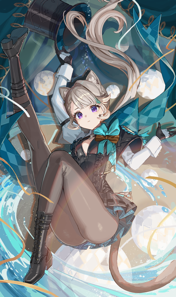 Anime picture 1780x3000 with genshin impact lynette (genshin impact) yu-ri single long hair tall image highres light erotic purple eyes animal ears tail animal tail grey hair cat ears cat girl cat tail low ponytail leg lift (legs lift) expressionless hat removed