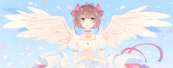 Anime picture 2000x787 with card captor sakura clamp kinomoto sakura kyang692 single looking at viewer blush highres short hair open mouth brown hair wide image green eyes ahoge two side up blue background angel wings girl dress hair ornament