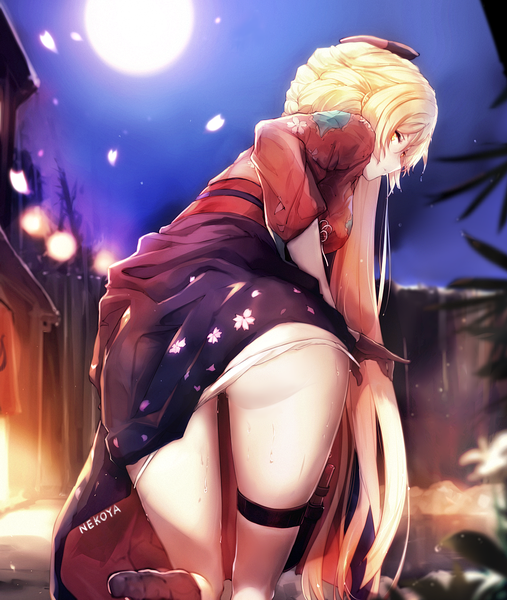 Anime picture 950x1125 with girls frontline ots-14 (girls frontline) nekoya (liu) single long hair tall image looking at viewer fringe breasts light erotic blonde hair hair between eyes signed yellow eyes ass outdoors traditional clothes japanese clothes night wet