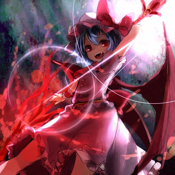 Anime picture 1000x1000 with touhou remilia scarlet kachayori single looking at viewer short hair open mouth red eyes purple hair teeth fang (fangs) magic bat wings vampire girl dress bow weapon wings frills