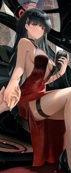Anime picture 4787x11631 with blue archive rio (blue archive) rega long hair tall image looking at viewer fringe highres breasts light erotic black hair red eyes sitting holding absurdres blunt bangs from below alternate costume holding hands solo focus