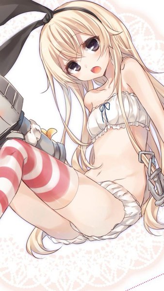 Anime picture 640x1136 with kantai collection shimakaze destroyer rensouhou-chan hanasaki (minhao166) single tall image looking at viewer blush fringe open mouth light erotic blonde hair sitting purple eyes bare shoulders animal ears bent knee (knees) head tilt arm support bare belly