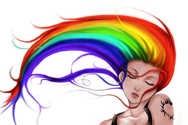 Anime picture 1400x933 with original aikaxx single long hair simple background white background bare shoulders eyes closed multicolored hair lips tattoo girl earrings rainbow