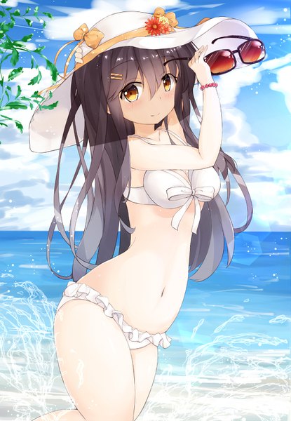 Anime picture 968x1400 with kantai collection haruna battleship niruanu (nitayam) single long hair tall image looking at viewer blush fringe breasts light erotic black hair hair between eyes brown eyes cloud (clouds) light smile leaning horizon hand on head arched back