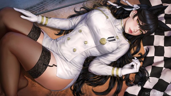 Anime picture 1422x800 with azur lane atago (azur lane) sciamano240 single long hair looking at viewer blush fringe breasts light erotic black hair hair between eyes wide image large breasts signed animal ears yellow eyes payot bent knee (knees) lying