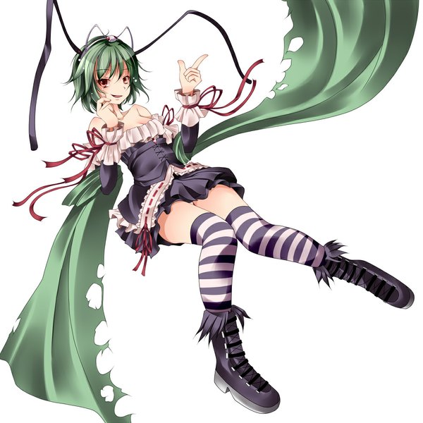 Anime picture 1000x1000 with touhou wriggle nightbug s-syogo single short hair simple background red eyes white background bare shoulders green hair pantyshot girl thighhighs dress detached sleeves boots striped thighhighs