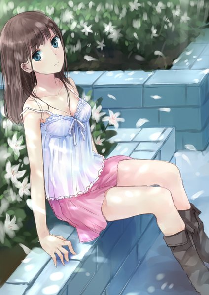 Anime picture 1000x1414 with original maigoyaki single long hair tall image looking at viewer blue eyes brown hair sitting girl skirt flower (flowers) petals