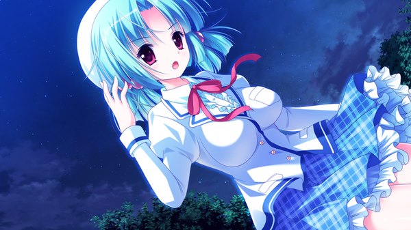 Anime picture 1024x576 with harumade kururu blush short hair open mouth red eyes wide image blue hair game cg girl skirt uniform school uniform miniskirt shirt beret