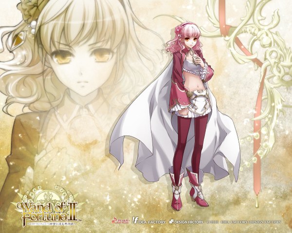 Anime picture 1280x1024 with wand of fortune 2 idea factory lulu (wand of fortune) single short hair pink hair hair flower inscription orange eyes girl skirt navel hair ornament pantyhose boots hairband cloak