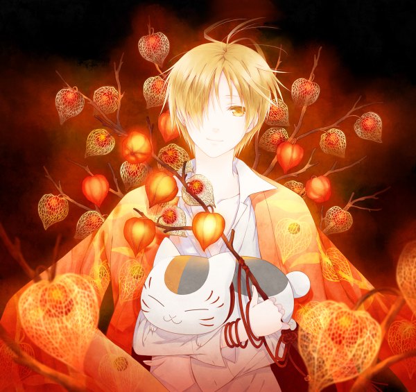 Anime picture 1200x1130 with natsume yuujinchou brains base (studio) natsume takashi madara (nyanko-sensei) yuuno (yukioka) fringe short hair blonde hair holding yellow eyes eyes closed hair over one eye glowing boy plant (plants) animal cat branch thread red thread