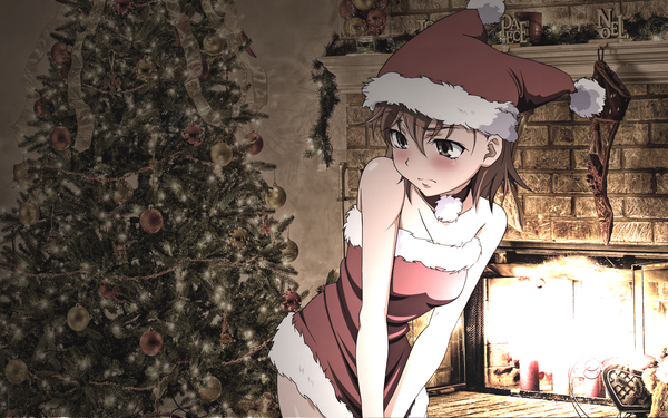 Anime picture 1680x1050 with to aru kagaku no railgun j.c. staff misaka mikoto single wide image fur trim christmas girl fur santa claus costume