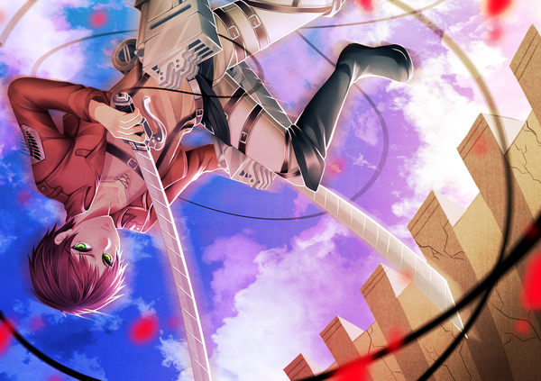 Anime picture 3400x2400 with shingeki no kyojin production i.g eren yaeger seishiki (artist) single looking at viewer highres short hair brown hair holding green eyes absurdres sky cloud (clouds) open clothes open jacket dual wielding upside down boy uniform