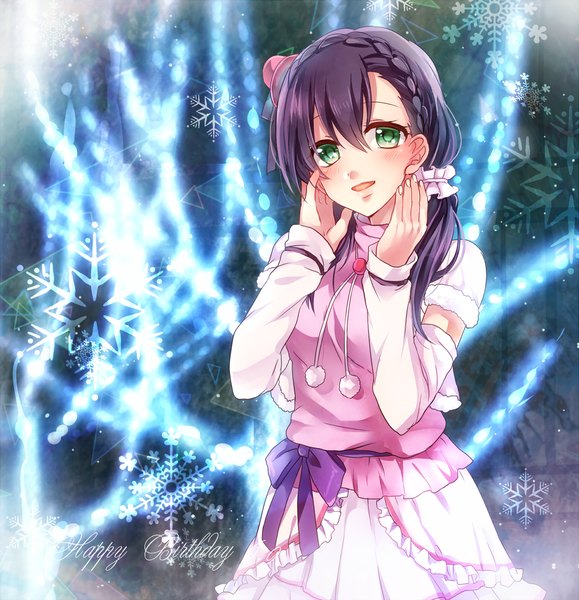Anime picture 1200x1243 with love live! school idol project sunrise (studio) love live! toujou nozomi miyuzu single long hair tall image looking at viewer blush fringe breasts open mouth hair between eyes twintails green eyes purple hair low twintails happy glow