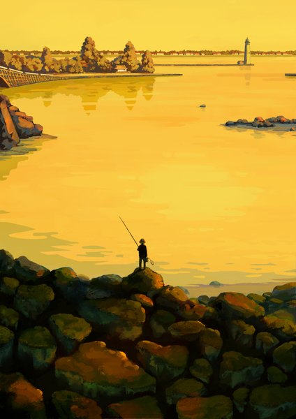 Anime picture 2894x4093 with original kuchibiru (lipblue) single tall image highres from behind reflection yellow background silhouette rock twilight fishing boy plant (plants) hat tree (trees) torii fishing rod lighthouse