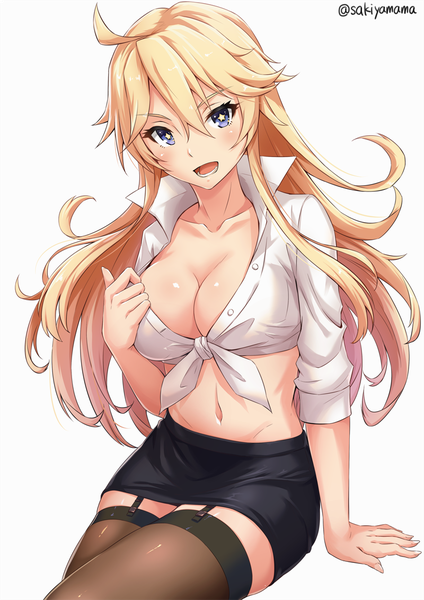Anime picture 800x1131 with kantai collection iowa (kantai collection) sakiyamama single long hair tall image looking at viewer blush fringe breasts open mouth blue eyes light erotic simple background blonde hair hair between eyes large breasts white background sitting signed