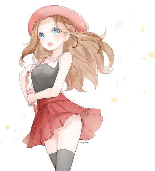 Anime picture 750x825 with pokemon pokemon xy nintendo serena (pokemon) marin (myuy 3) single long hair tall image open mouth blue eyes brown hair white background bare shoulders signed looking away wind girl thighhighs black thighhighs hat