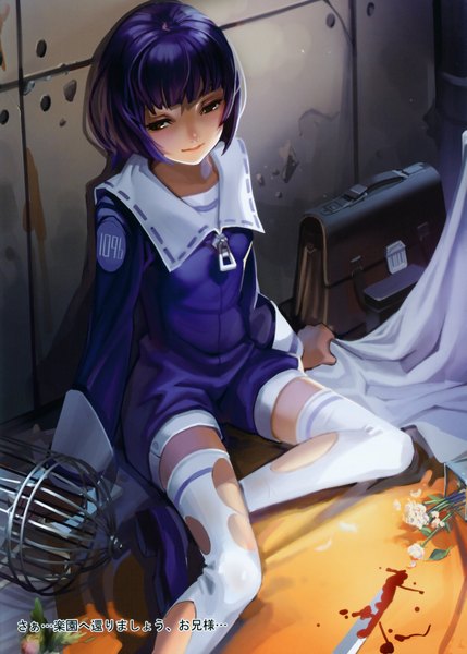 Anime picture 3286x4596 with sound horizon elysion soror alphonse (white datura) tall image highres short hair brown eyes absurdres purple hair girl thighhighs uniform school uniform blood school bag knife torn thighhighs cage