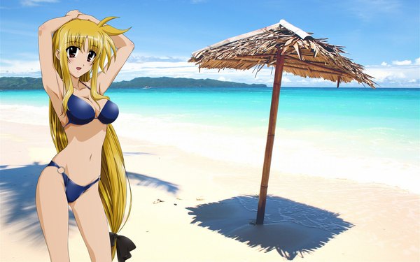 Anime picture 1920x1200 with mahou shoujo lyrical nanoha mahou shoujo lyrical nanoha strikers fate testarossa single long hair highres open mouth light erotic blonde hair red eyes wide image beach arms behind head girl swimsuit bikini