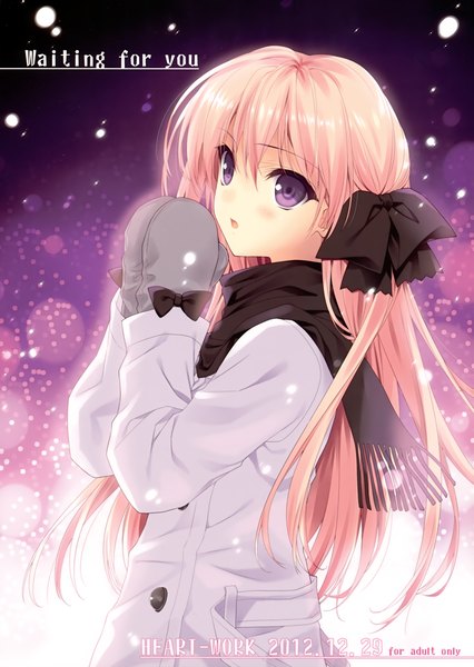 Anime picture 2486x3500 with suzuhira hiro single long hair tall image highres blonde hair purple eyes inscription dated snowing 2012 girl scarf coat winter clothes mittens