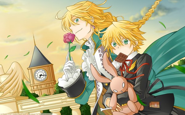 Anime picture 1920x1200 with pandora hearts xebec oz vessalius jack vessalius mochizuki jun kara (minitokyo) long hair fringe highres short hair blonde hair wide image green eyes braid (braids) vector boy gloves flower (flowers) earrings animal