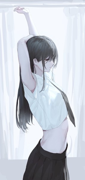 Anime picture 1665x3508 with original erospanda single long hair tall image fringe breasts black hair hair between eyes standing payot looking away indoors profile pleated skirt black eyes arms up armpit (armpits) short sleeves arm behind head