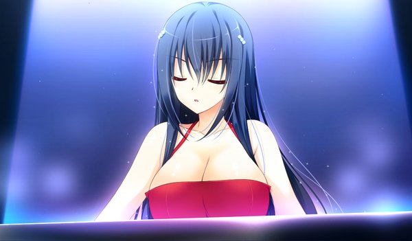 Anime picture 1024x600 with prestar single long hair light erotic black hair wide image bare shoulders game cg eyes closed girl dress