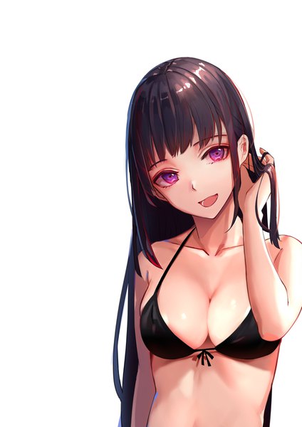 Anime picture 1457x2064 with original nekojira single long hair tall image looking at viewer fringe breasts open mouth light erotic black hair simple background smile white background purple eyes cleavage upper body head tilt :d adjusting hair