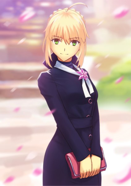 Anime picture 744x1052 with fate (series) fate/stay night artoria pendragon (all) saber fateline alpha single tall image looking at viewer fringe short hair blonde hair smile hair between eyes standing holding green eyes ahoge upper body braid (braids) blurry