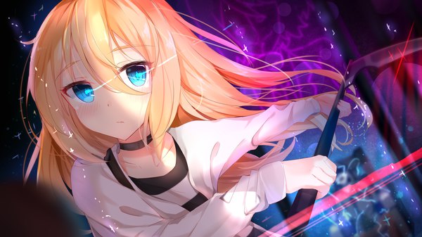 Anime picture 2000x1126 with satsuriku no tenshi ray (satsuriku no tenshi) nahaki single long hair looking at viewer blush fringe highres blonde hair hair between eyes wide image holding long sleeves aqua eyes wind sparkle glowing striped glowing eye (eyes)