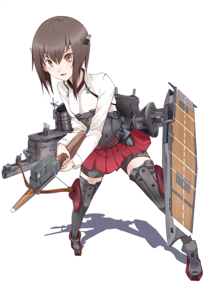 Anime picture 1000x1400 with kantai collection taihou armored aircraft carrier zakka (loneknoll) single long hair tall image looking at viewer blush brown hair brown eyes full body transparent background girl skirt hair ornament weapon miniskirt armor thigh boots blouse