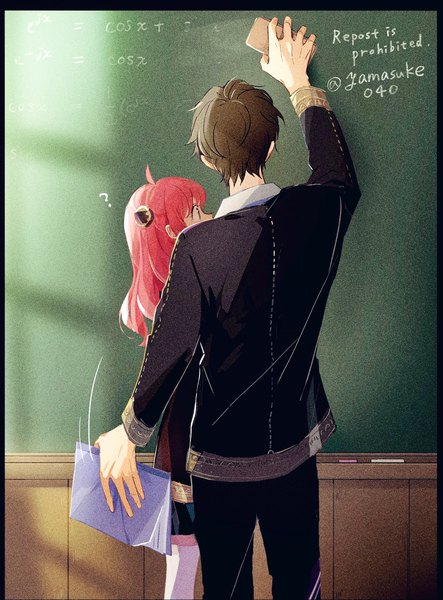 Anime picture 1259x1705 with spy x family anya (spy x family) damian desmond yamasuke long hair tall image short hair brown hair standing signed pink hair ahoge indoors from behind twitter username border alternate age ? older girl