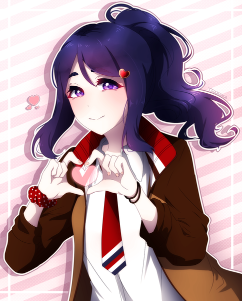 Anime picture 1557x1929 with love live! sunshine!! sunrise (studio) love live! matsuura kanan tsuuki usa single long hair tall image looking at viewer blush fringe simple background smile hair between eyes standing purple eyes signed payot blue hair upper body