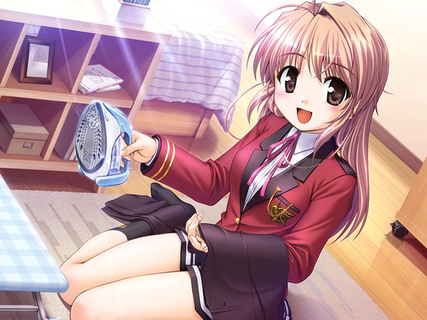 Anime picture 1200x900 with fortune arterial august soft yuuki haruna single long hair looking at viewer blush open mouth blonde hair sitting holding brown eyes payot game cg full body ahoge bent knee (knees) indoors :d pleated skirt