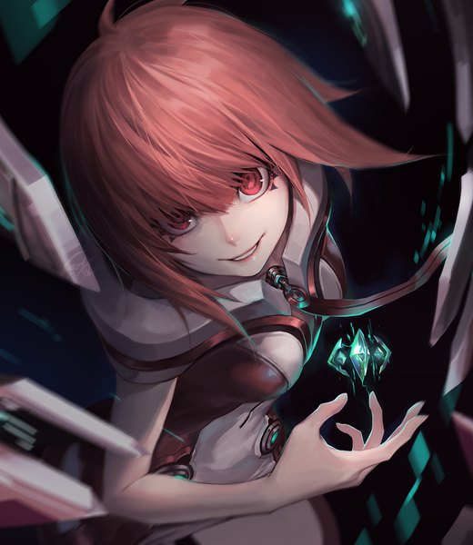 Anime picture 978x1128 with original luen kulo single tall image looking at viewer fringe short hair breasts smile hair between eyes red eyes signed red hair parted lips from above blurry teeth depth of field floating hair facial mark