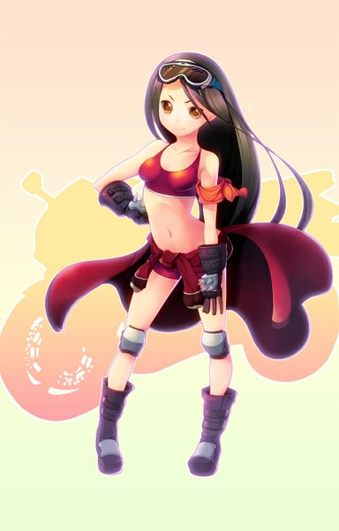 Anime picture 640x1000 with original koflif single long hair tall image black hair bare shoulders brown eyes midriff girl gloves navel shorts boots goggles