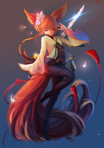 Anime picture 1000x1415 with blade & soul lyn (blade & soul) guan tang baozi single long hair tall image simple background standing animal ears bent knee (knees) tail braid (braids) eyes closed long sleeves animal tail hair flower orange hair grey background wide sleeves fox ears