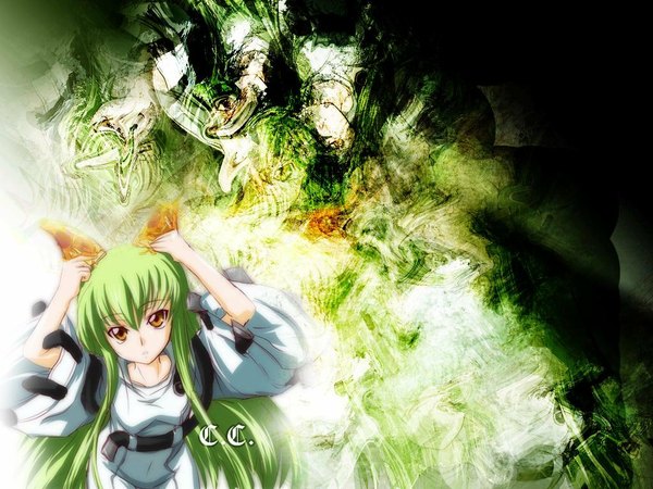 Anime-Bild 1024x768 mit code geass sunrise (studio) c.c. single long hair looking at viewer fringe breasts holding yellow eyes payot long sleeves green hair wide sleeves character names girl food pizza