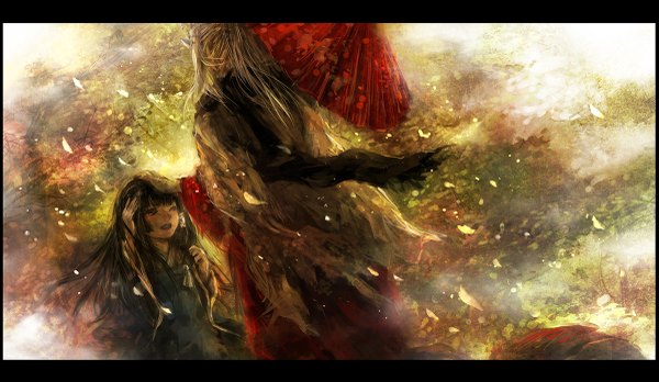 Anime picture 1200x697 with original 317/miiina (pixiv) long hair blush fringe black hair wide image holding silver hair ponytail traditional clothes back girl boy petals umbrella