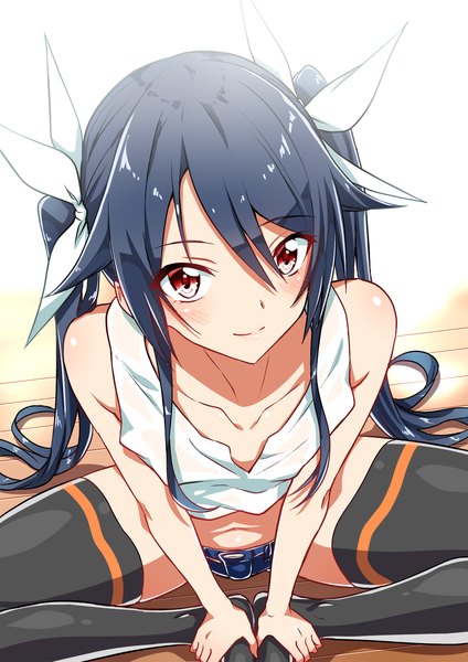 Anime picture 1131x1600 with ore twintail ni narimasu production ims tsube aika yuto (dialique) single long hair tall image looking at viewer blush fringe light erotic black hair simple background smile hair between eyes red eyes sitting twintails bare shoulders payot