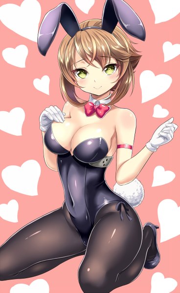 Anime picture 800x1303 with kantai collection mutsu battleship kase daiki single tall image blush short hair breasts light erotic smile brown hair large breasts bare shoulders animal ears yellow eyes bent knee (knees) tail animal tail bunny ears kneeling