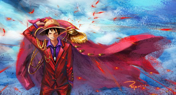 Anime picture 5555x3000 with one piece toei animation monkey d. luffy ljjshmhday single looking at viewer fringe highres short hair black hair smile wide image standing holding signed absurdres arm up black eyes sparkle dated