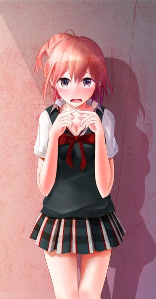 Anime picture 1308x2500 with yahari ore no seishun love comedy wa machigatteiru. brains base (studio) yuigahama yui tebi (tbd11) single tall image looking at viewer blush short hair open mouth purple eyes cleavage orange hair shadow girl skirt uniform school uniform shirt bowtie