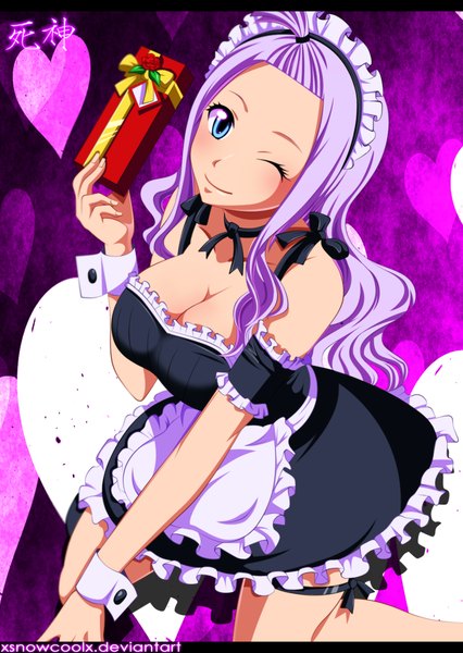 Anime picture 900x1267 with fairy tail mirajane strauss xsnowcoolx single long hair tall image breasts blue eyes smile pink hair ahoge one eye closed wink maid coloring valentine girl frills headdress heart