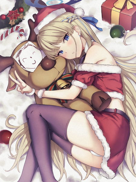 Anime picture 600x800 with blue archive toki (blue archive) sensei (blue archive) doodle sensei (blue archive) ryuinu single tall image looking at viewer blush fringe blue eyes light erotic blonde hair lying blunt bangs very long hair on side victory christmas half updo