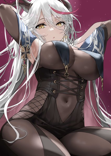 Anime picture 2507x3541 with azur lane aegir (azur lane) denchu (kazudentyu) single long hair tall image looking at viewer fringe highres breasts open mouth light erotic simple background hair between eyes large breasts sitting yellow eyes silver hair multicolored hair horn (horns)