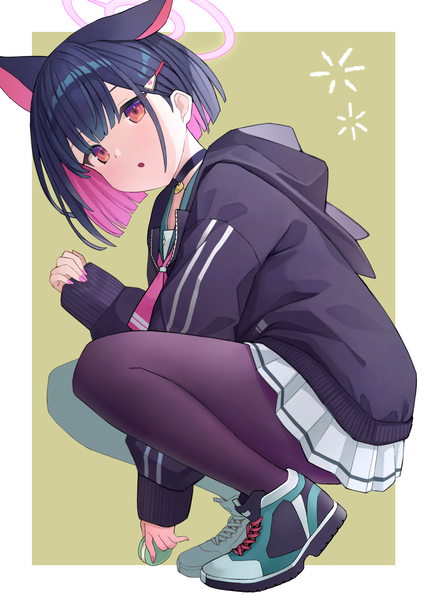 Anime picture 1448x2048 with blue archive kazusa (blue archive) nomio single tall image black hair simple background red eyes animal ears pink hair full body long sleeves pleated skirt multicolored hair border sleeves past wrists squat colored inner hair outside border girl