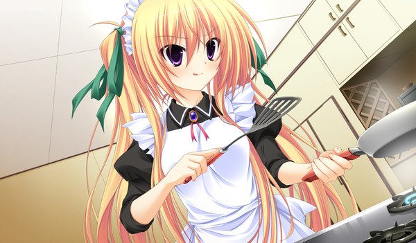 Anime picture 1024x600 with sora to kumo to kimi no koi long hair blush blonde hair wide image purple eyes twintails game cg maid cooking girl ribbon (ribbons) hair ribbon headdress maid headdress